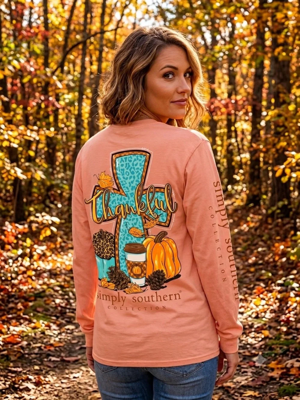 SIMPLY SOUTHERN Women’s Small Long Sleeve T-Shirt Thankful Pumpkin Fall Peach - Picture 1 of 9